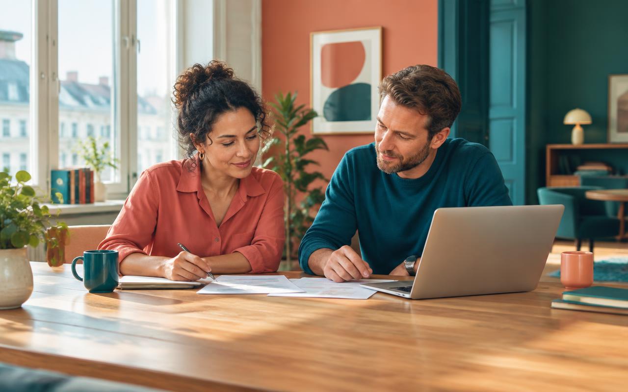 Two colleagues calmly working through a plan together