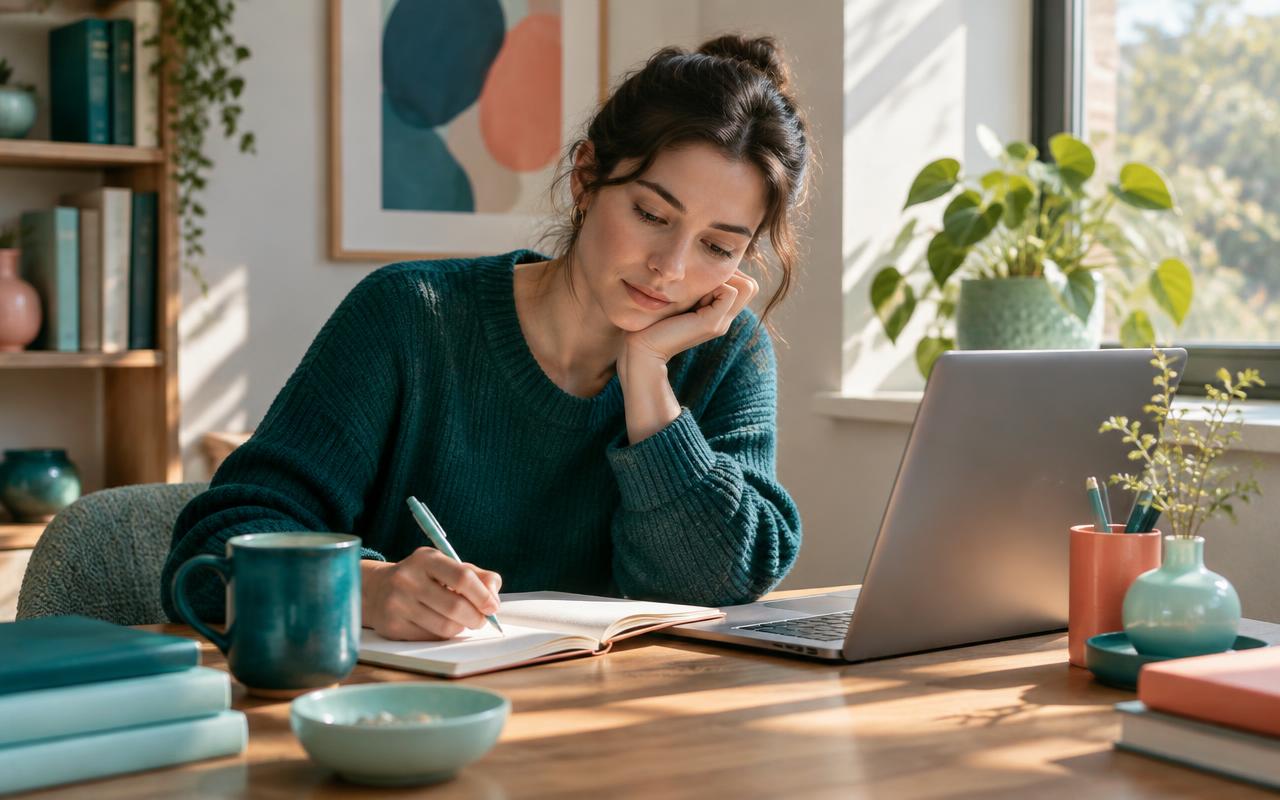 A professional reflecting and writing at her desk